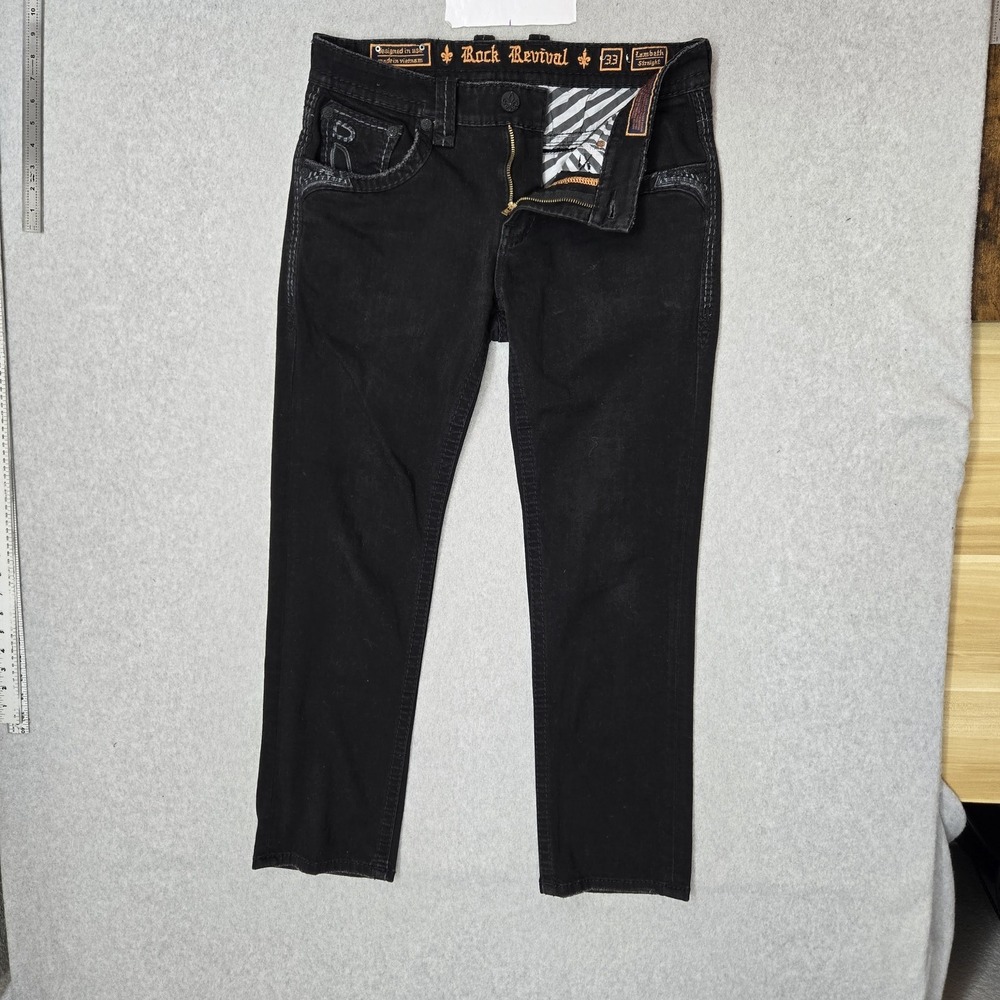 Rock Revival Men Jeans 33 Black Denim Embroidered Lambeth Straight Grunge Y2K